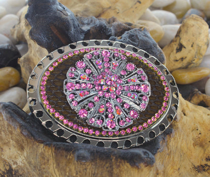 4" x 3" Pink Crystal and Silver Belt Buckle