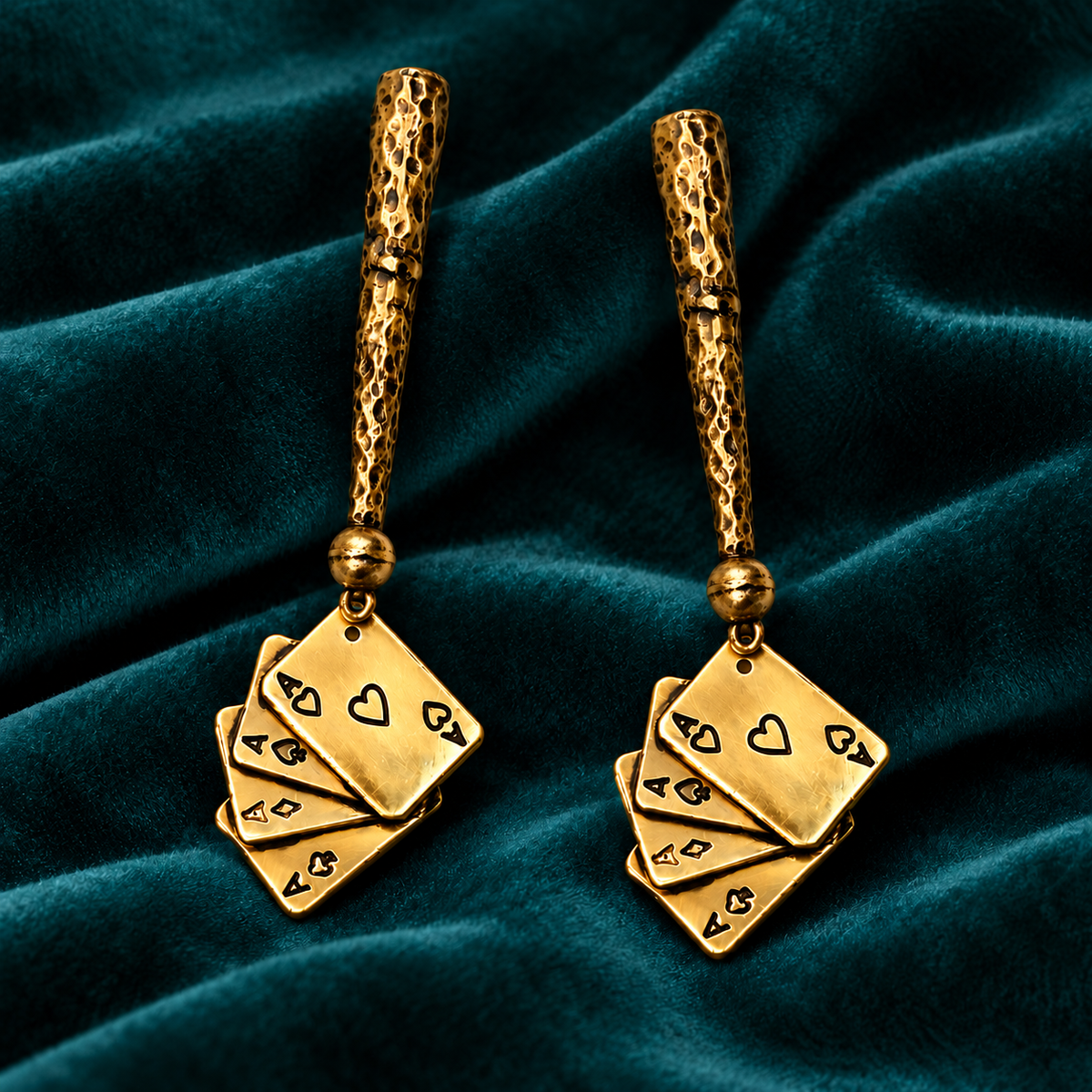 Four Aces Bolo Tie Tips, Gold Tone Hammered Cord Ends with Playing Card Charms, Pair of 2, Western Jewelry Supplies