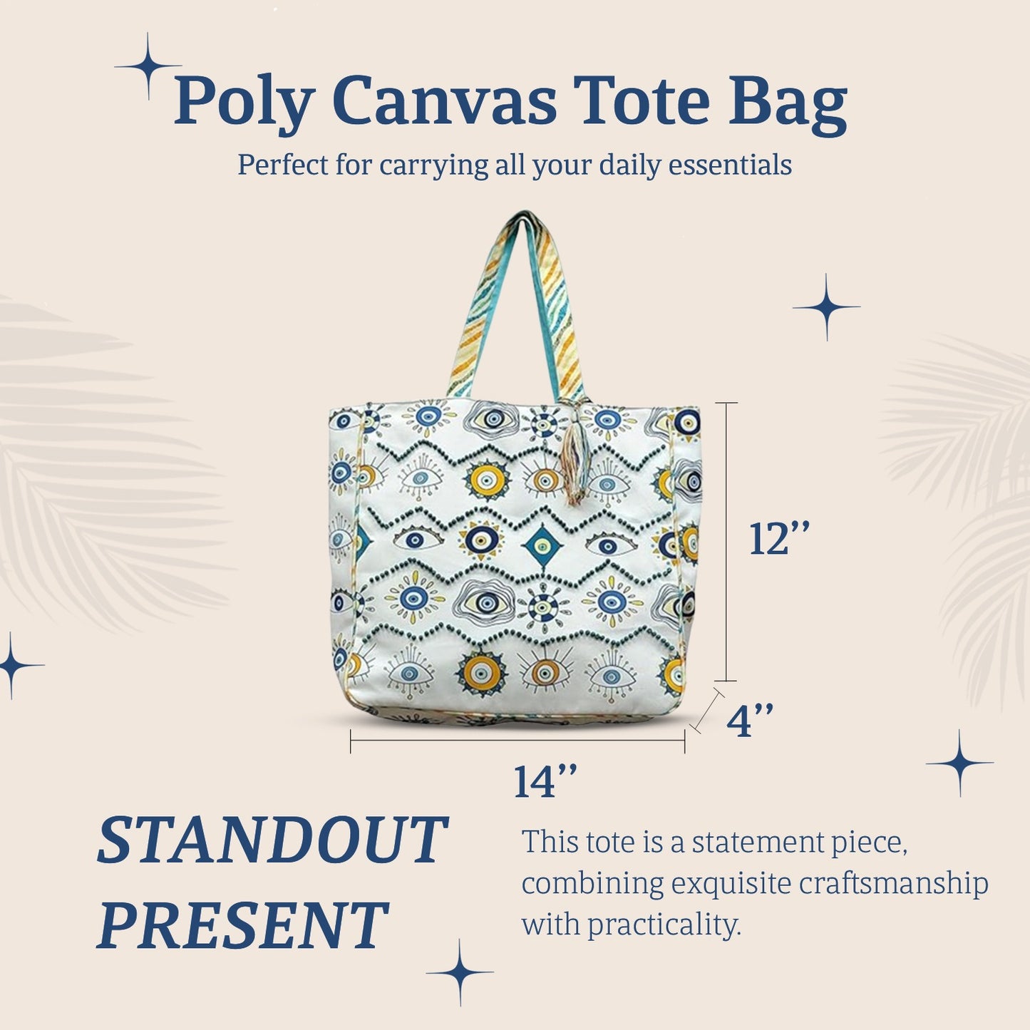 HHH Designs Poly Canvas Tote Bag with Embroidery and Lace Accents - Stylish & Versatile Carryall