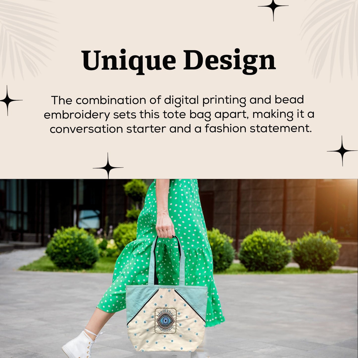 HHH Designs Poly Canvas Digital Printed Tote Bag with Evil Eye Print and Beads Embroidery