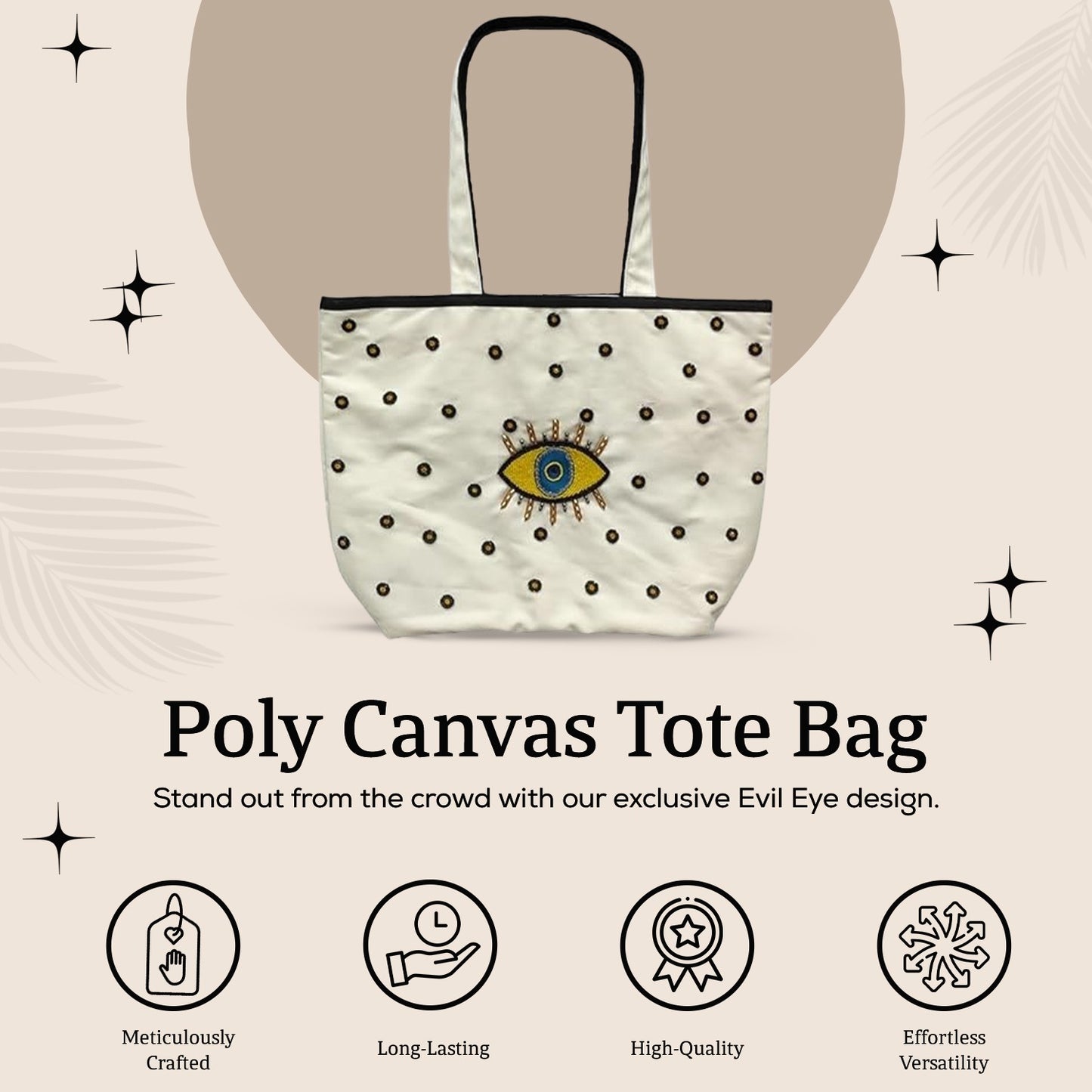 HHH Designs Poly Canvas Digital Printed Tote  Bag with Evil Eye Print and Beaded Embroidery