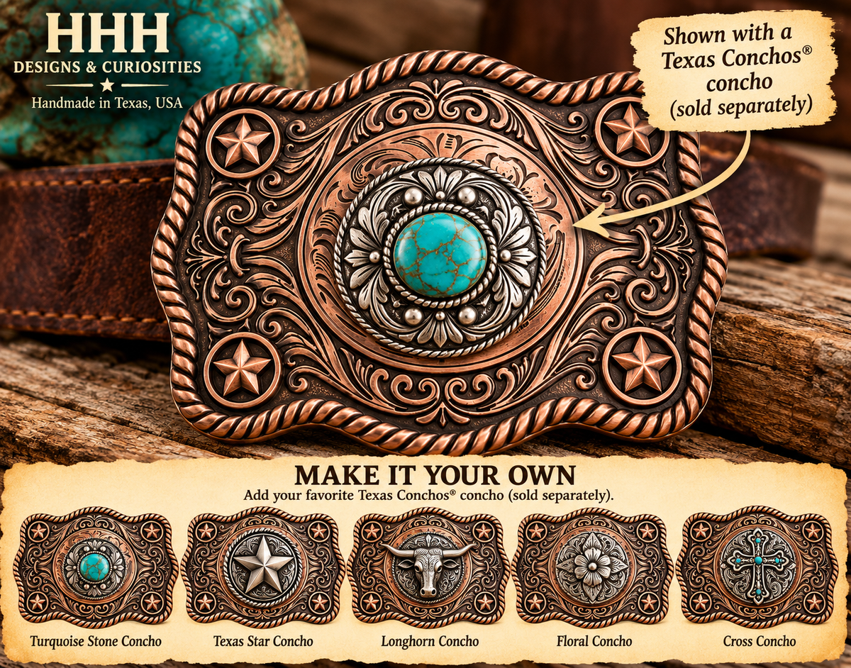 Western Belt Buckle Blank – Antique Silver/Copper Tone – 4 Texas Stars – Engraved Floral Design – Center Concho Mount – DIY Cowboy Buckle