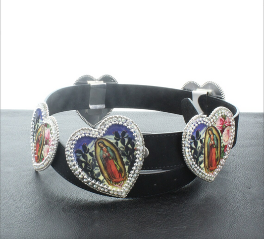 Virgin de Guadelupe Concho Icon Leather Belt, vintage images on 5 heart conchos with crystal, HandMade in USA