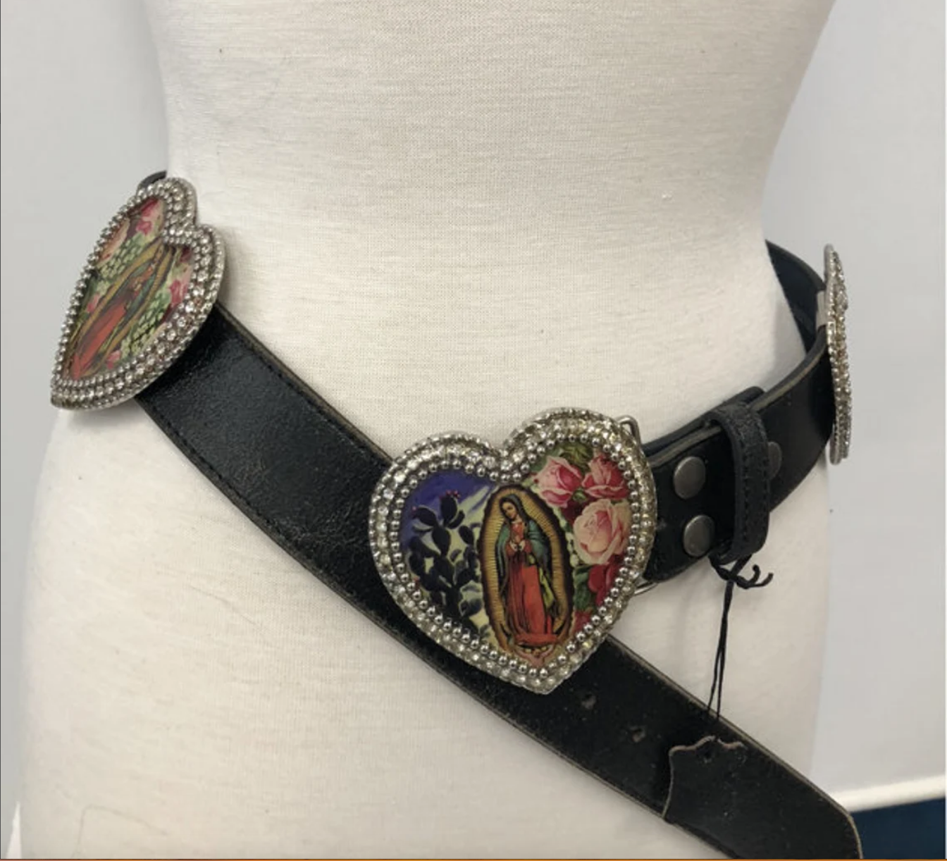 Virgin de Guadelupe Concho Icon Leather Belt, vintage images on 5 heart conchos with crystal, HandMade in USA