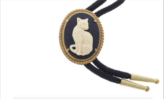 White Cat Cameo Cat Bolo Tie with matching gold tips, 36" black or jute cord, gift bag, handmade in USA, each