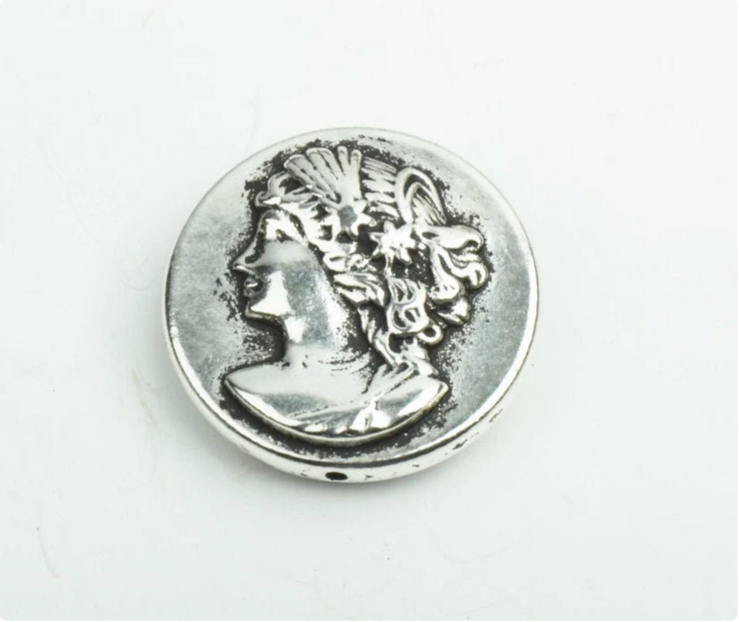 Greek Roman Goddess Cameo Face Coin Bead, Greco Roman, 30mm Round, Antique Silver, double sided, pack of 6