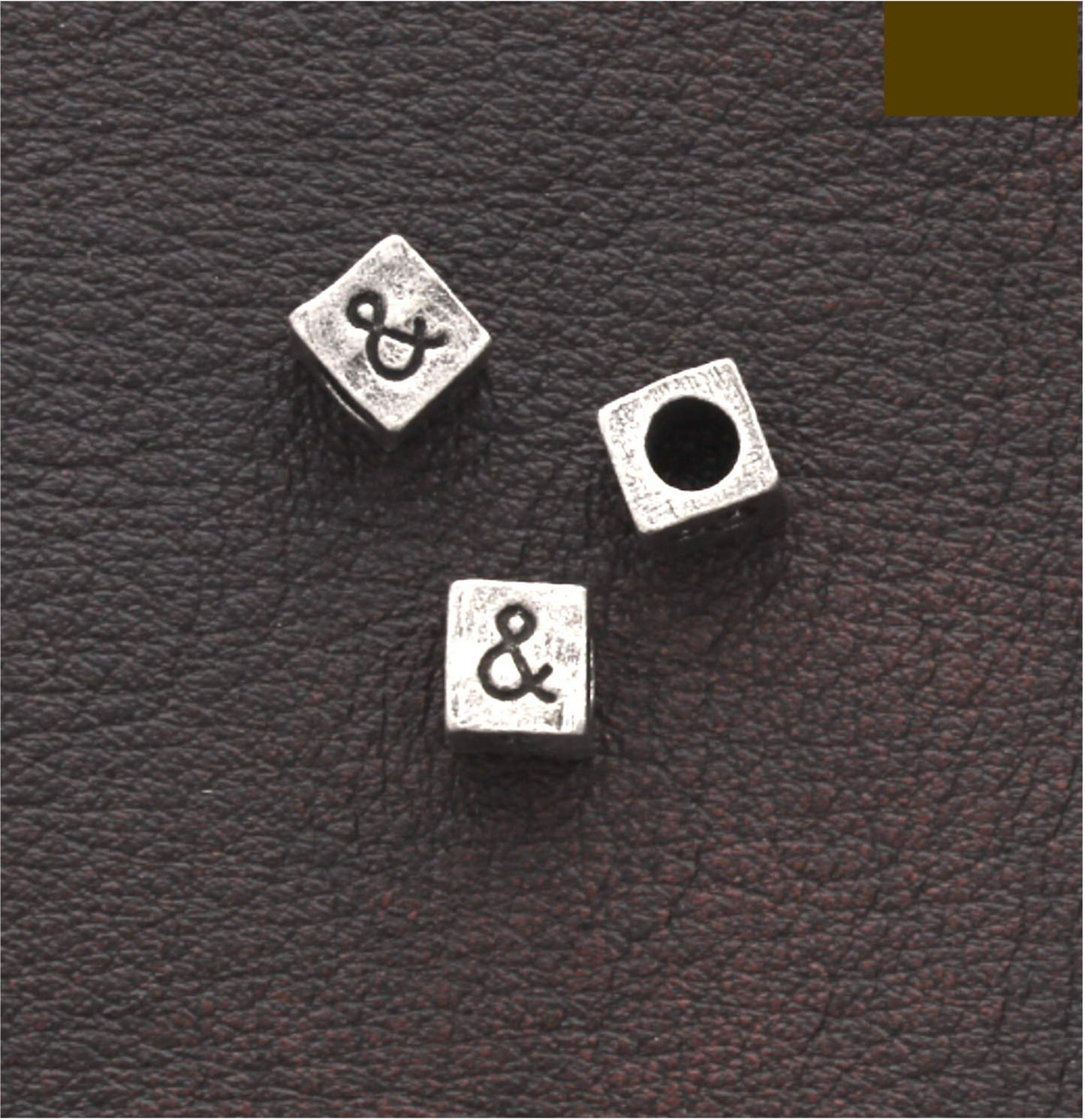 Flower or "&" Cube Bead (Ampersand And Sign), 6mm Metal Alphabet Cube, large hole bead, antique silver, Made in USA, pack of 12