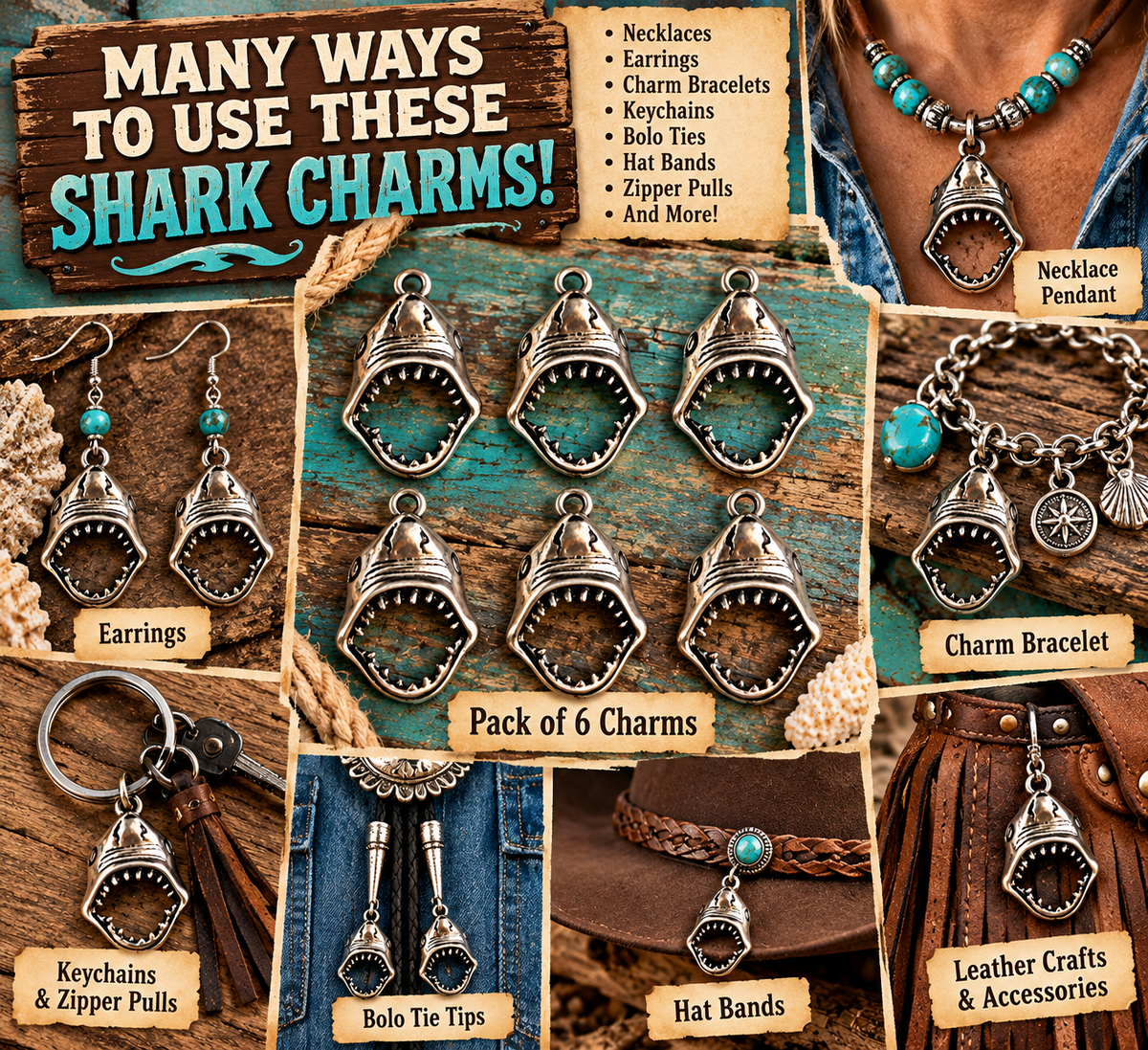 Shark Head Charms – Antique Silver Tone – Open Mouth Shark Pendants – Ocean Jewelry Making Supplies – Pack of 6
