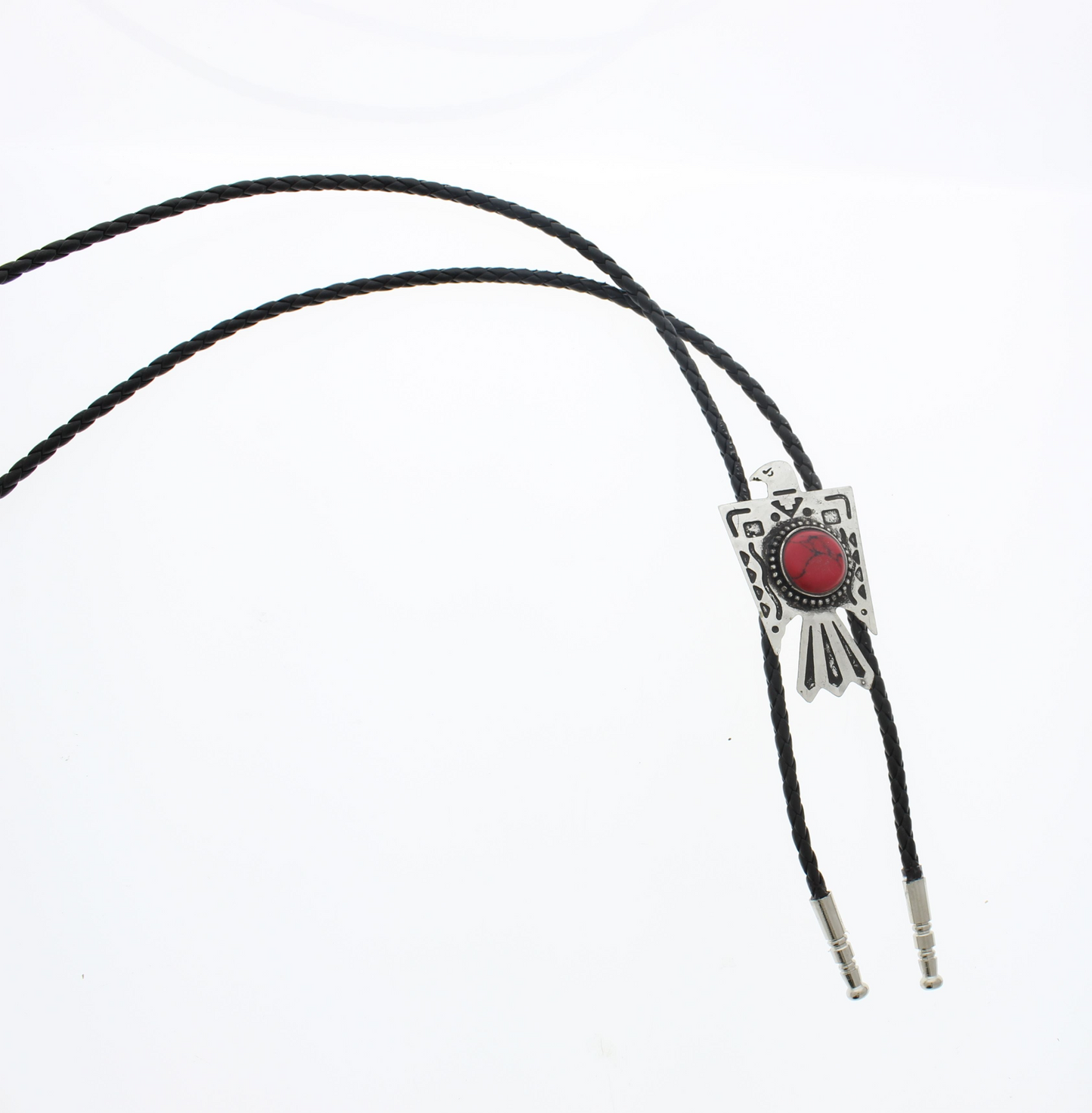 Thunderbird Bolo Tie with red stone, 36" leather cord, made in USA, each