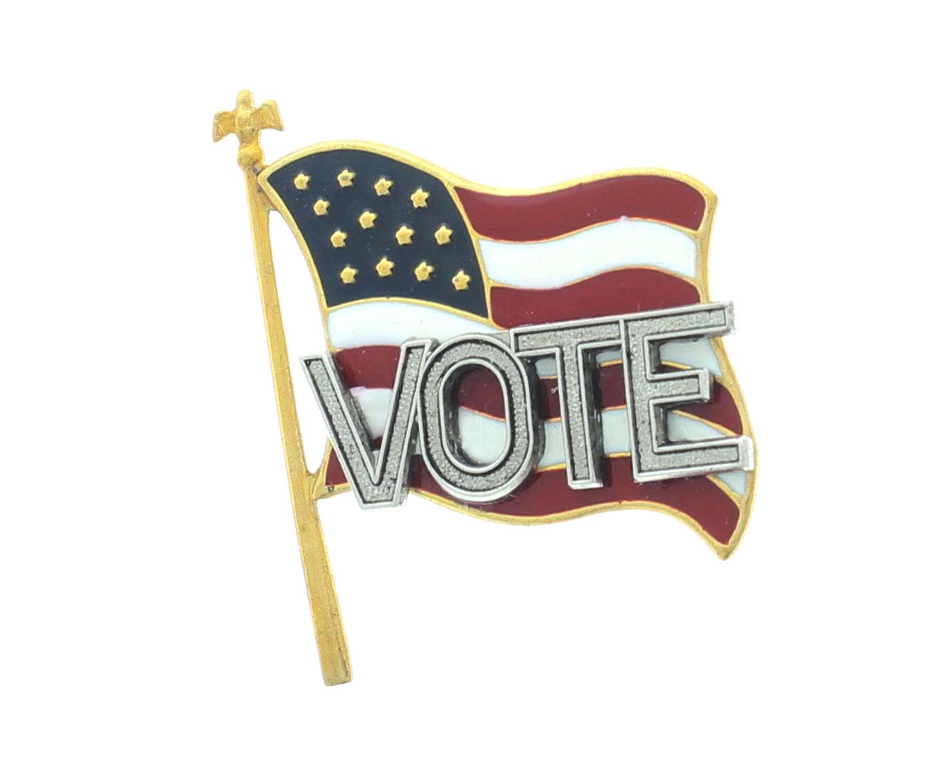 Vote Flag Lapel pin, gold with red, white and blue enamel, each, MADE IN USA