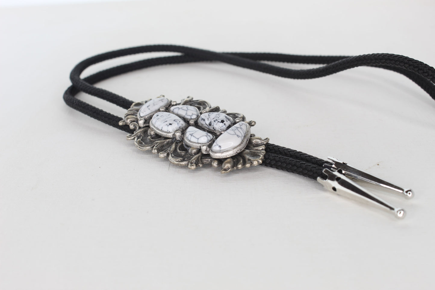 2 various Vintage White Buffalo Stone Bolo Ties, made in USA, each
