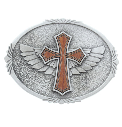 Brittanium Oval Belt Buckle w/Wings and Cross Inlay, ea
