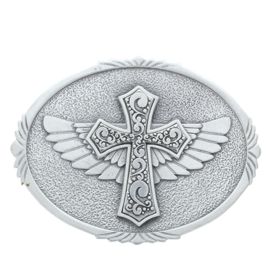 Brittanium Oval Belt Buckle w/Wings and Cross Inlay, ea