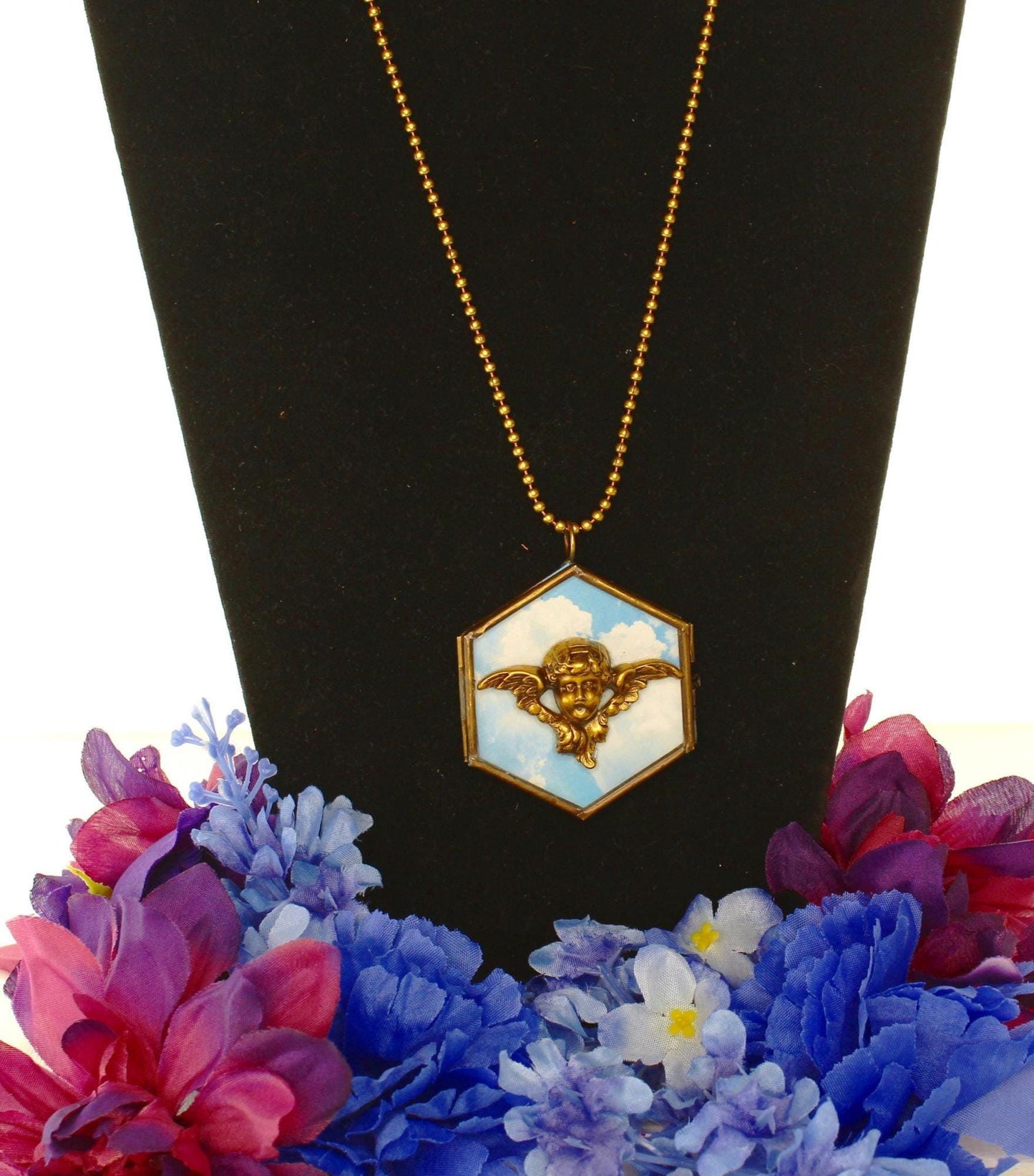 Gold Cherub Necklace – Hexagonal Sky Pendant, made in USA, each