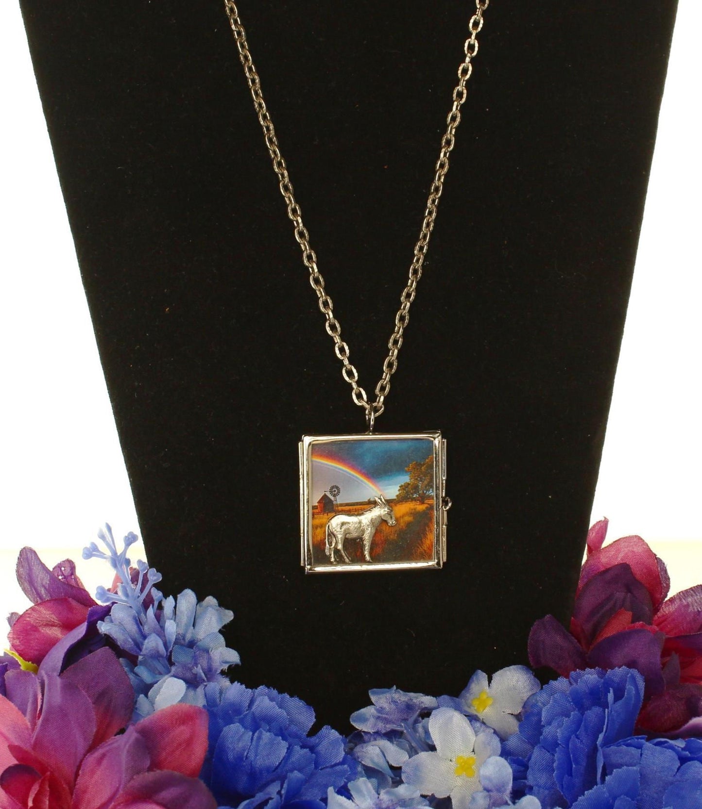 Vintage Donkey and Rainbow Necklace – Country Scene Pendant, made in USA, each