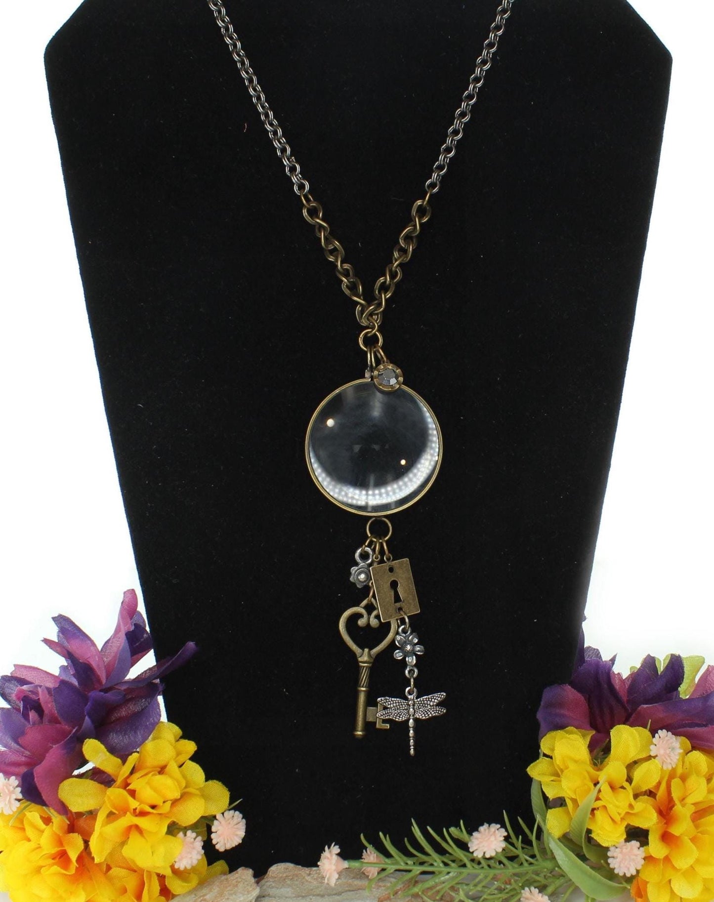 Steampunk Key & Dragonfly Magnifier Necklace, made in USA, each
