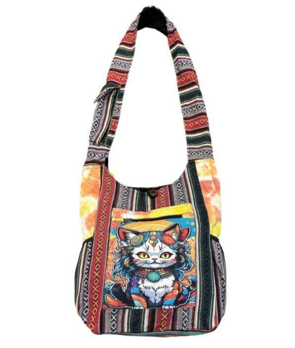 Boho Hippie Cat Shoulder Bag – Colorful Woven Crossbody Tote, each