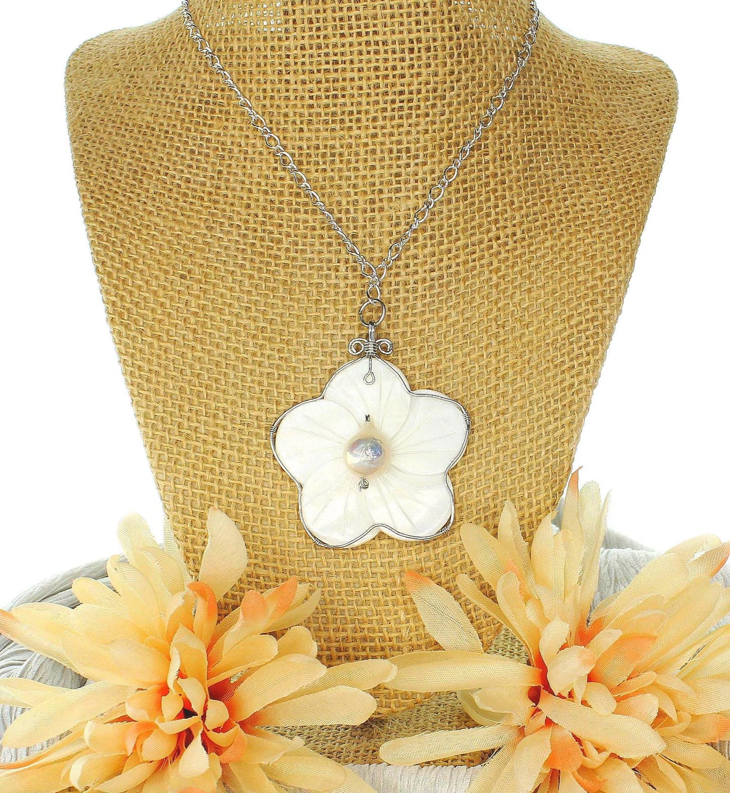 Mother of Pearl Style Flower Necklace, made in USA, each