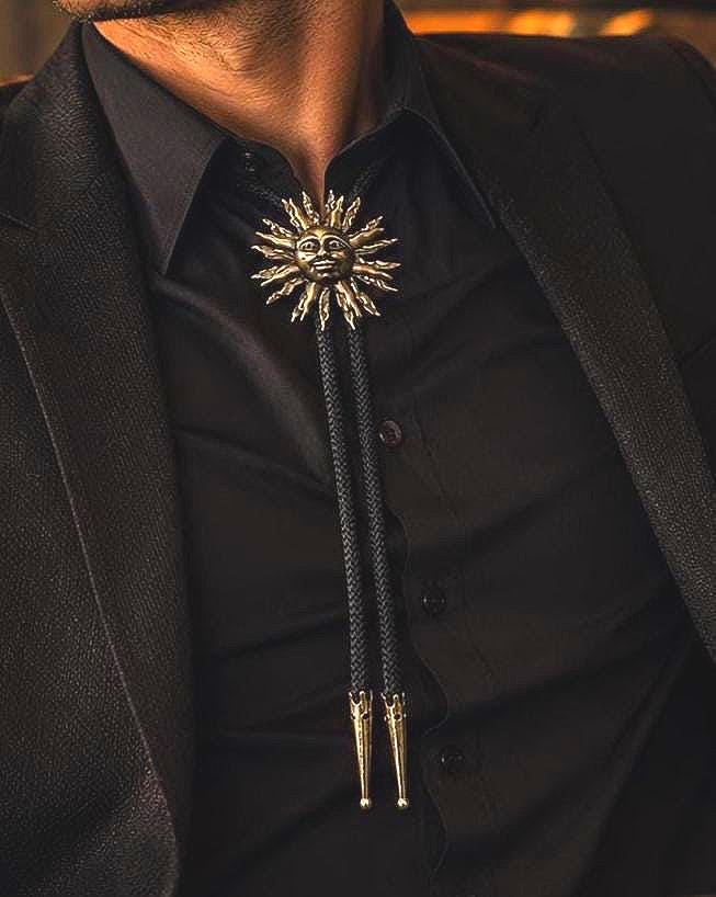 Argentine Sun Bolo Tie – Vintage Brass Sun Face Western Bolo | Handmade in USA | Statement Cowboy Neckwear | Unisex Gift