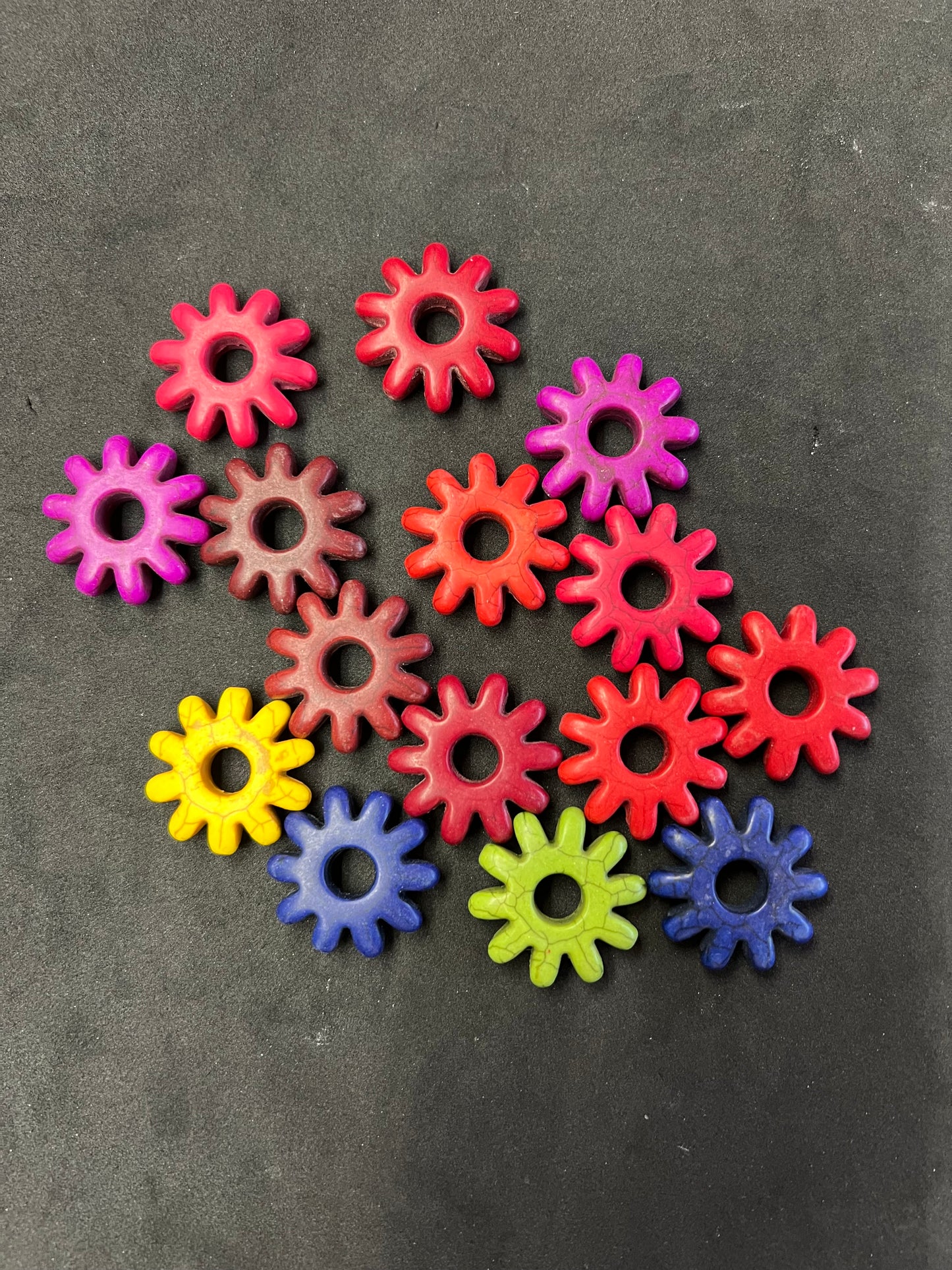 Spur Rowel Cogwheel Beads, 28mm Carved Magnesite Stone, Mix strand of Purple, Red, Yellow, Blue, Green & Burgundy, 14 pieces or 2 pieces