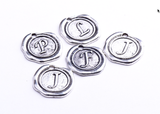 18mm Wax Seal Alphabet Charms, antique silver, pack of 6