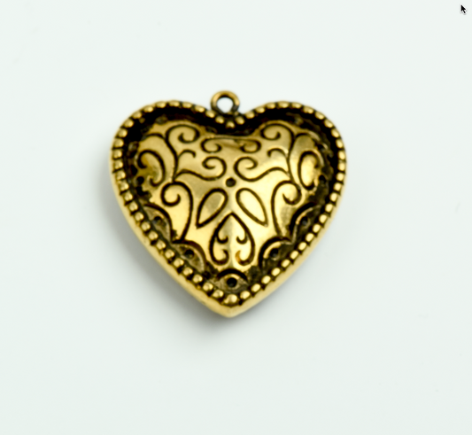 36mm Antique Gold Puff Concho Heart Charm, Pack of 3