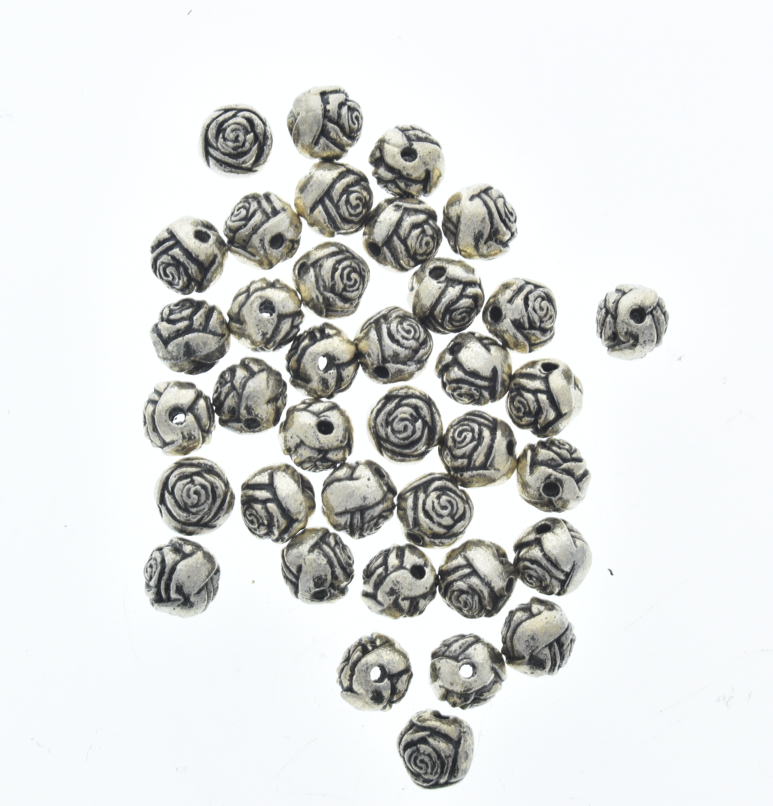 6mm Vintage Rose Shaped, Antiqued Classic Silver Beads, 12in str