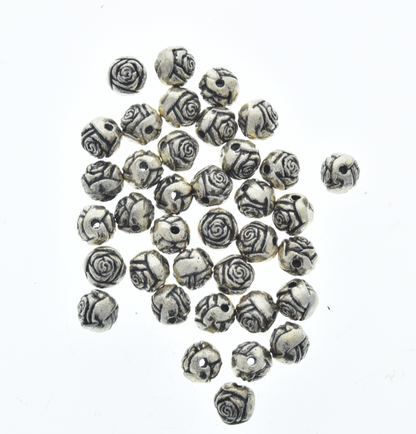 6mm Vintage Rose Shaped, Antiqued Classic Silver Beads, 12in str