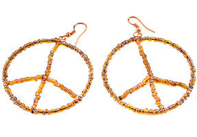 50mm Amber Brown-n-Copper Beaded Peace Sign Hoop Earrings, 1 pair
