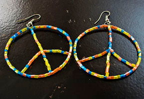 Multi-Color Silvertone Beaded Peace Sign Hoop Earrings, pair