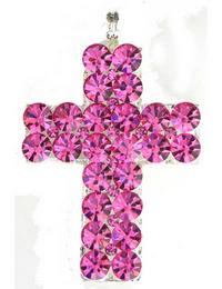 55x40mm Silver Metal Pendant Cross with Rose Crystals, EA