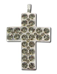 55X40mm Silver Metal Pendant Cross with Black Diamond Crystals, EA