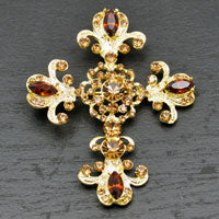 Filigree Gold Cross Pendant Smoke Topaz(Brown) Crystals, ea