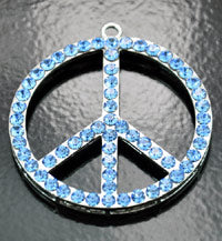 50mm(2in) Peace Symbol Pendant silvertone w/4mm Blue Sapphire Austrian Crystals, ea