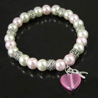 Breast Cancer Awareness "Find the Cure" Pearls-n-Silver Stretch Bracelet, each
