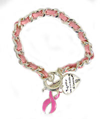 Breast Cancer Awareness "Find the Cure" Silver-n-Suede Charm Bracelet ea