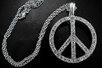 2in Peace Symbol Necklace-Magnetic Clasp w/20in Silvertone Chain, 3mm Austrian Crystal, ea
