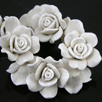 28mm Polymer Clay Flower-Rose Beads, Ivory pk/3