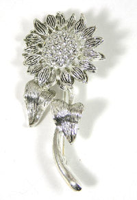 Silvertone and Crystal Flower Brooch, ea