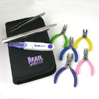 BeadSmith Mini Color Tool Set, Pliers, Cutters, Tweezer, File, with carrying case, 8 piece set