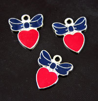 Enameled Red Heart with Blue Bow Charm, pack of 6