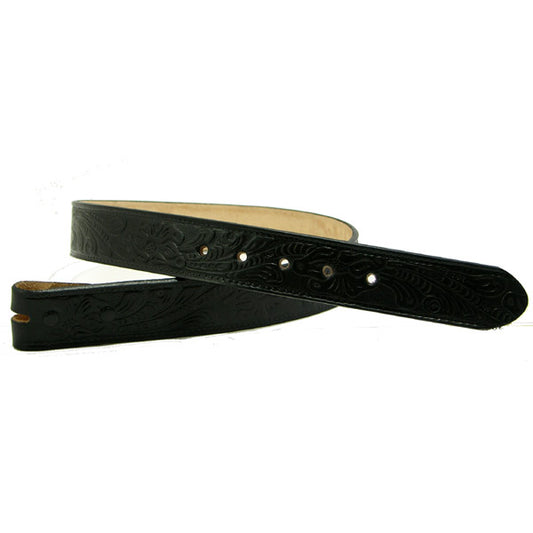1 1/2in Black Leather Belt with Tooled Floral Design, 34 inch Length