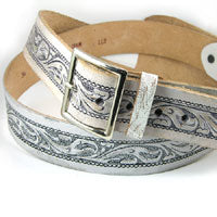 1 1/2" White Distressed Leather Belt with Tooled Floral Design, 36" Length