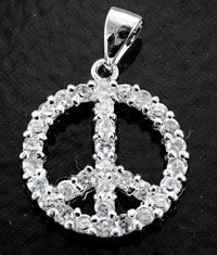 3/4in(17mm) Peace Symbol Pendant silvertone w/Austrian Crystals, pkg/2