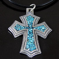 34x47mm Brittanium Cross Pendant w/Turquoise Inlay on Cord Neck, ea