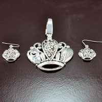 2in Silver-n-Crystal Crown Pendant w/magnetic clasp and Earring Set