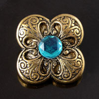 31mm Antiqued Gold Shamrock w/Teal Crystal Vintage Button, ea