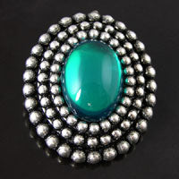 39x46mm Beaded Antiqued Silver-n-Teal Oval, Vintage Button, ea