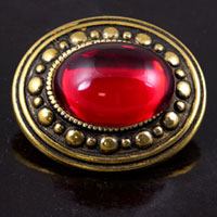 30x40mm Antiqued Gold Oval w/Ruby Red Cabochon, Vintage Button, ea