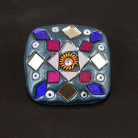 34mm Square Teal w/Mirrored Mosaic Resin Button, ea